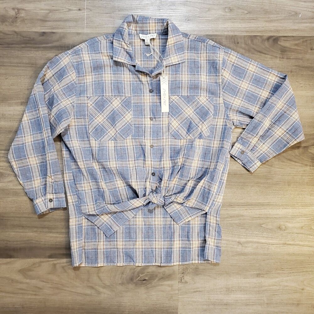 Anthropologie She + Sky Oversized Button Front Plaid Shirt Hi-lo Sz Sm Blue Tan
